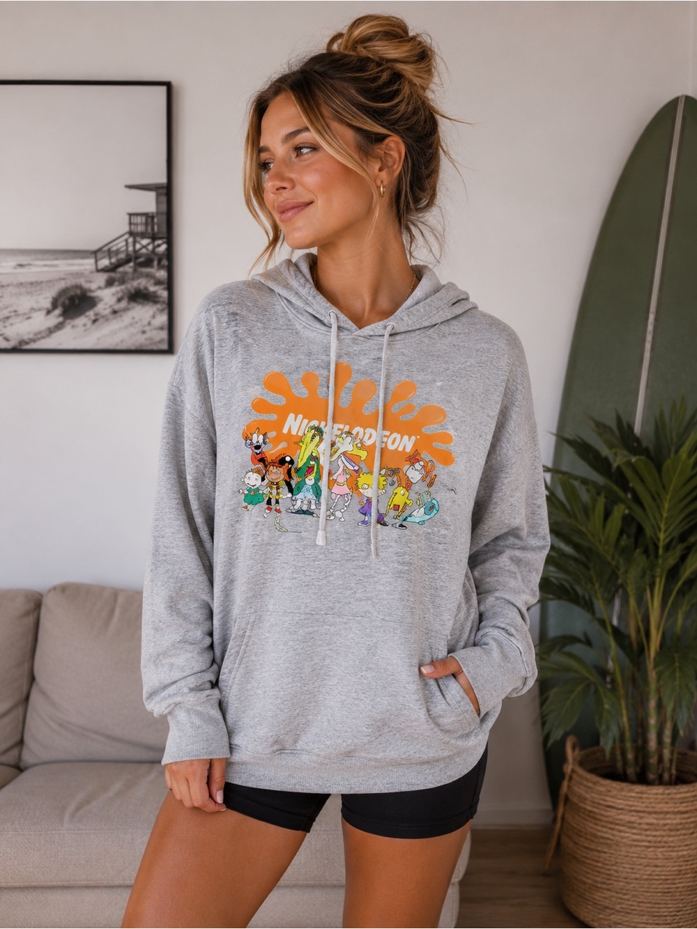 Nickelodeon 90s Cartoon Graphic Logo Pullover Gray Hooded Sweatshirt Medium